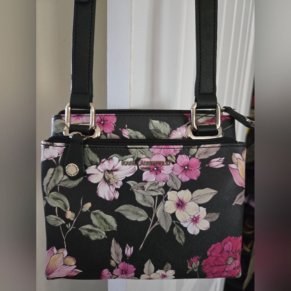 Karl Lagerfeld Black Shoulder Bag with Pink and Cream Floral Print